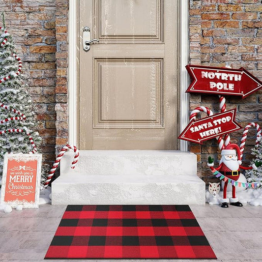 KIMODE Buffalo Plaid Outdoor Rug Red and Black 24"X35",Washable Christmas Front Door Mat,Reversible Cotton Hand-Woven Layering Rug for Front Porch Christmas Decor,Entryway,Kitchen