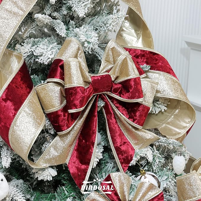 Burgundy Velvet Wired Christmas Ribbon 4 Inch Extra Wide Thick Maroon and Gold Glitter Holiday Ribbon – 10-Yards Roll for Tree Decorations, Gift Wrapping, Wreaths, and DIY Crafts