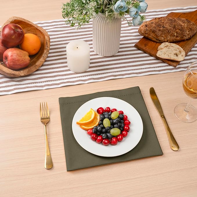 Blue Needles Set of 6 Hemstitch Linen Napkins 100% Cotton Olive Green Cloth Dinner Napkins 18x18 inches, Soft, Reusable, Absorbent, Washable, Ideal for Fall Thanksgiving Events, Parties & Everyday Use
