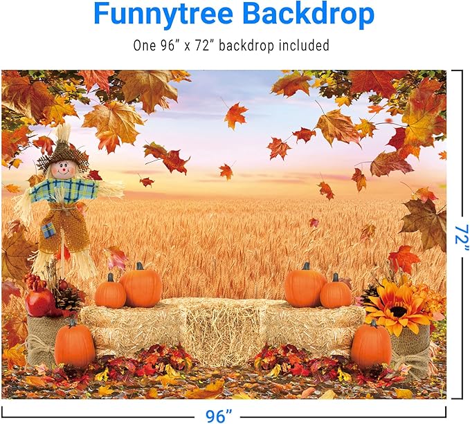 Funnytree 8X6FT Fall Backdrop Autumn Pumpkin Harvest Thanksgiving Hay Maple Leaves Background Baby Shower Birthday Party Decor Portrait Studio Photobooth Photography Props Gift Supplies