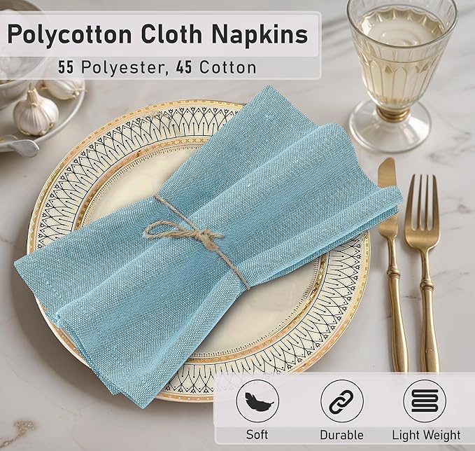 Ruvanti Cloth Napkins Set of 12, 18x18 Inch Napkin Cloth Washable, Soft & Durable, Poly Cotton Dinner Napkins for Parties, Thanksgiving & Weddings - Baby Blue