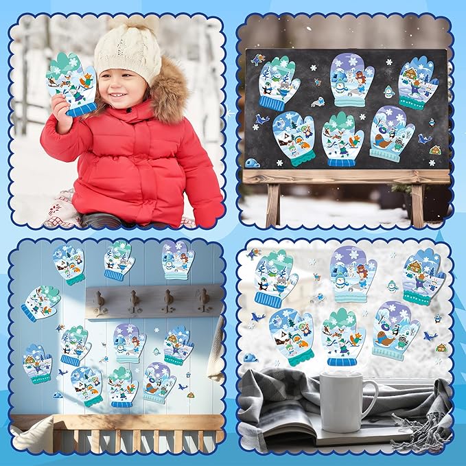 CY2SIDE 12 Set Polar Animal Glove Scene Sticker Art Craft for Kids, Make A Winter Glove Scene with Polar Animal Sticker, DIY Winter Holiday Party Games for School Classroom Activities