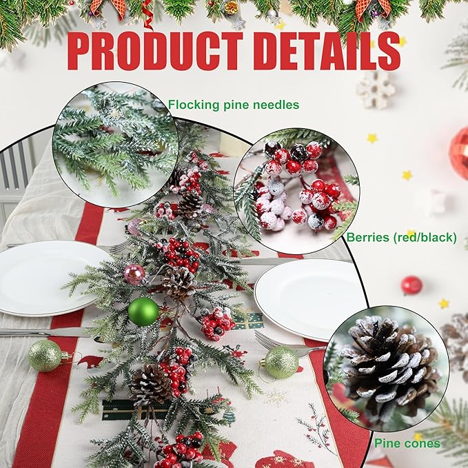 6 FT Christmas Garland with Lights - Pre-Lit Artificial Christmas Garland, Flocked Garland with Red Berries Pine Cones for Decoration, Mantle Stairs Railing Home Xmas Decoration Indoor