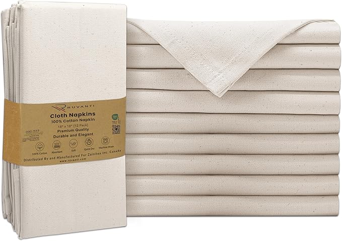 Ruvanti Premium Cloth Napkins Set of 12, 18x18 Inches, 100% Cotton, Washable, Soft & Absorbent, Perfect for Wedding, Christmas, ‎Thanksgiving Dinners - Natural Color