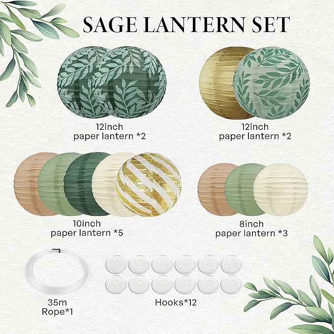 Sage Green Back to School Hanging Paper Lanterns Decorative, 12PCS Sage Green and Gold Forest Birthday Party Decoration with Hooks and Ropes Bridal Shower Wedding Home Decor