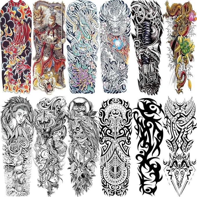 12 Sheets Temporary Sleeve Tattoos Adults, Waterproof Realistic Full Arm Fake Flower Totem Wolf Dragon Chinese Style Tattoos, Owl Monkey King Tattoo Parties Festivals Cosplay BBQ Pool Beach Party