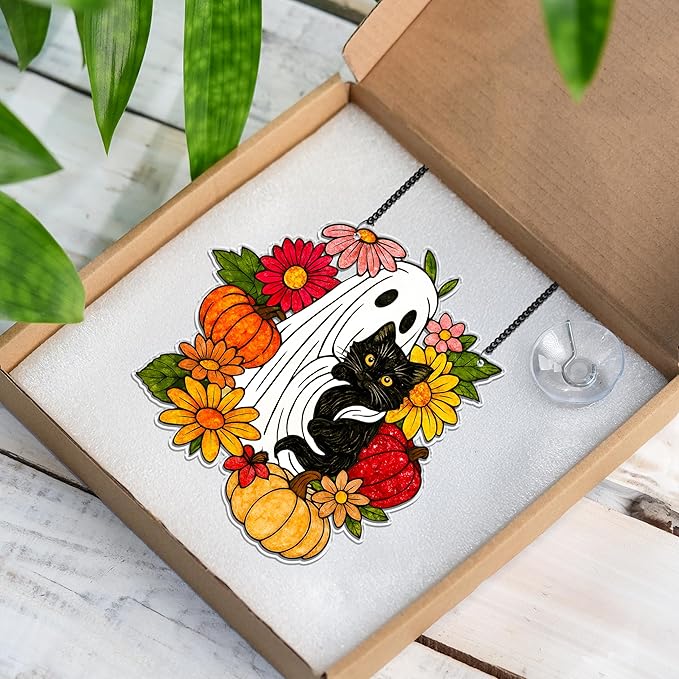 Cute Ghost Black Cat Halloween Decoration, Spooky Floral Boo Suncatcher Window Hanging, Fantasy Ghost and Pumpkin Ornaments, Gothic Housewarming Autumn Gifts for Mom, Plant Lovers, Cat Mom, Women