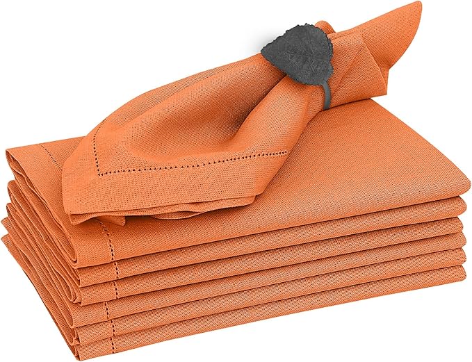 Ruvanti Premium Linen Napkins Set of 4-20x20 Inch, Classic Hemstitch, Mitered Corner Cloth Napkins ‎‎- Soft, Elegant Dinner Napkins Cloth Washable for Weddings, Parties, Everyday Use - Fall/Orange