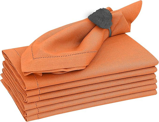 Ruvanti Premium Linen Napkins Set of 6-20x20 Inch, Classic Hemstitch, Mitered Corner Cloth Napkins ‎- Soft, Elegant Dinner Napkins Cloth Washable for Weddings, Parties, Everyday Use - Fall/Orange