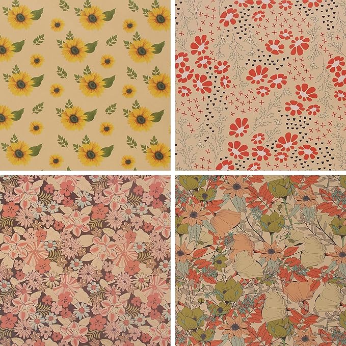 Aimyoo Kraft Floral Wrapping Paper Bundle, Vintage Sunflower Flower Gift Wrap Paper for Wedding Bridal Shower Birthday Rolls of 4, 17 in x 10 ft per Roll