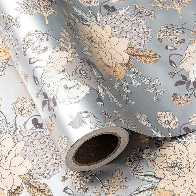 WRAPAHOLIC Reversible Floral Wrapping Paper - Mini Roll - 17 Inch X 33 Feet - Pearlized Silver Vintage Floral Wedding Wrapping Paper for Birthday, Bridal Shower, Baby Shower