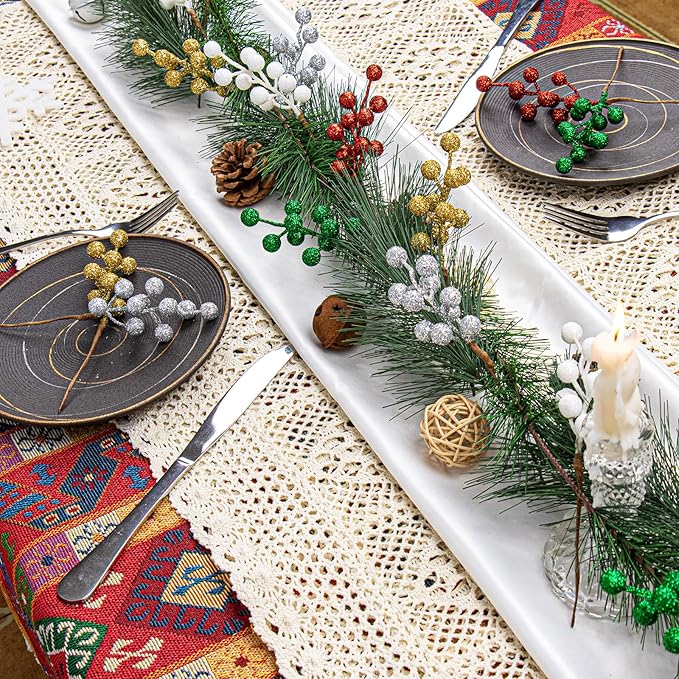 VioletEverGarden 32 Pack Glitter Christmas Picks 6.5 Inch Christmas Berry Stems Mixed Colors Artificial Berry Stems for Holiday Xmas Tree Home Decorations