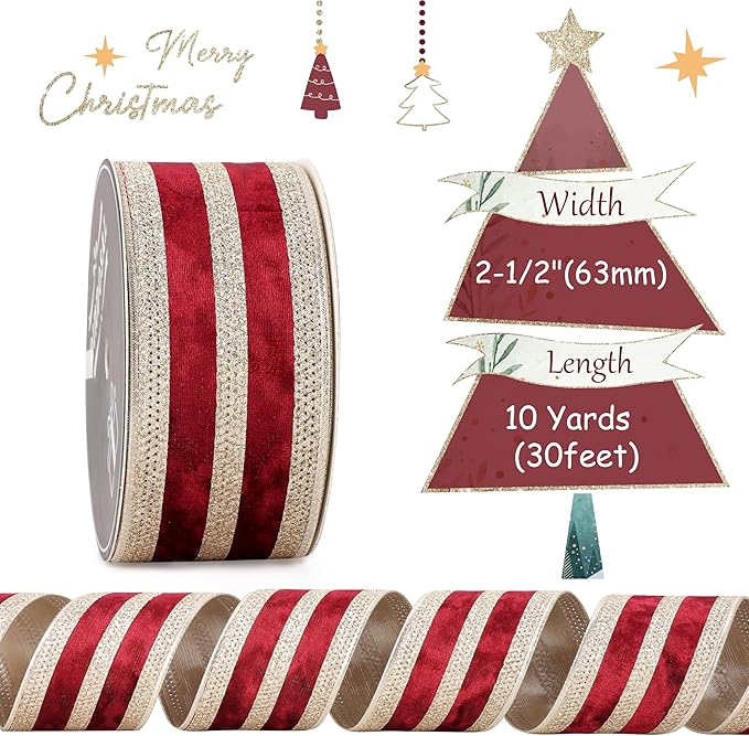 Burgundy Velvet Wired Ribbon with Champagne Glitter Stripe 2.5 Inch Crushed Velvet Christmas Ribbon, 10 Yards for Gift Wrapping, Crafts, Christmas Tree Decorations, Wreath Supplies, Garlands