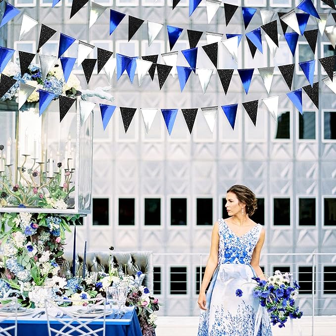30Ft Navy Blue Black and Silver Party Decorations Royal Blue Triangle Flag Pennant Banner Bunting for Graduation Birthday Wedding Bridal Shower Nautical Ahoy Achor Theme Party Decorations Supplies