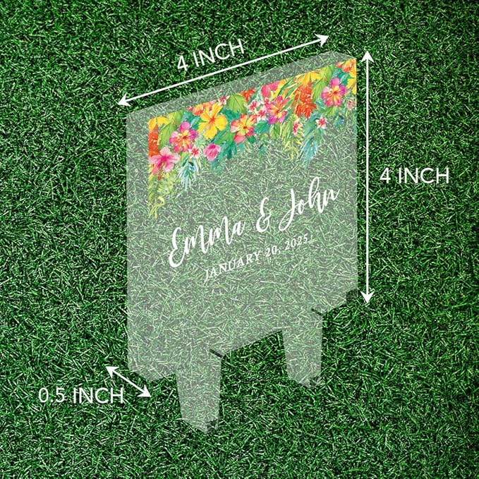 Andaz Press Tropical Beach Floral Custom Wedding Cake Topper, Acrylic Square Personalized Couple Cake Topper