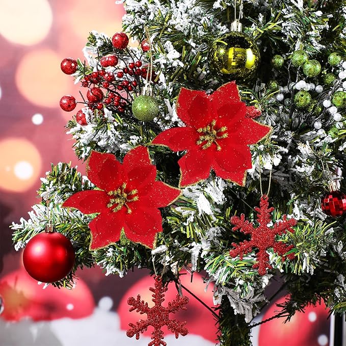 Sratte 94 Pcs Christmas Tree Decorations Set, Christmas Tree Ball Ornaments Glitter Poinsettia Flowers Decorations Glitter Berries Stems for Xmas Holiday Wedding(Green,Red)