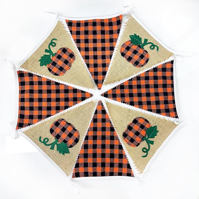 24Ft Burlap Banner - Fall Pumpkin Plaid Pennant Triangle Flag Garland Streamers - Fireplace Decor for Thanksgiving Day, Rustic Autumn Birthday Parties