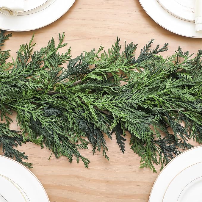 Jutom 1 Pcs 6 ft Christmas Cedar Garland Greenery Realistic Cedar Pine Needles Garland Artificial Decoration for Table, Mantel, Wall, Home Winter Holiday Party Decor