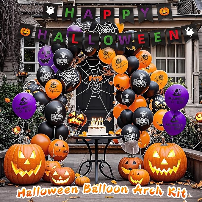 Halloween Party Balloons Kit 60-Pack 12inch Orange Black Purple Halloween Balloons with Ribbons for Party Balloons Decorations Theme Party Background Classroom Indoor and Outdoor Party