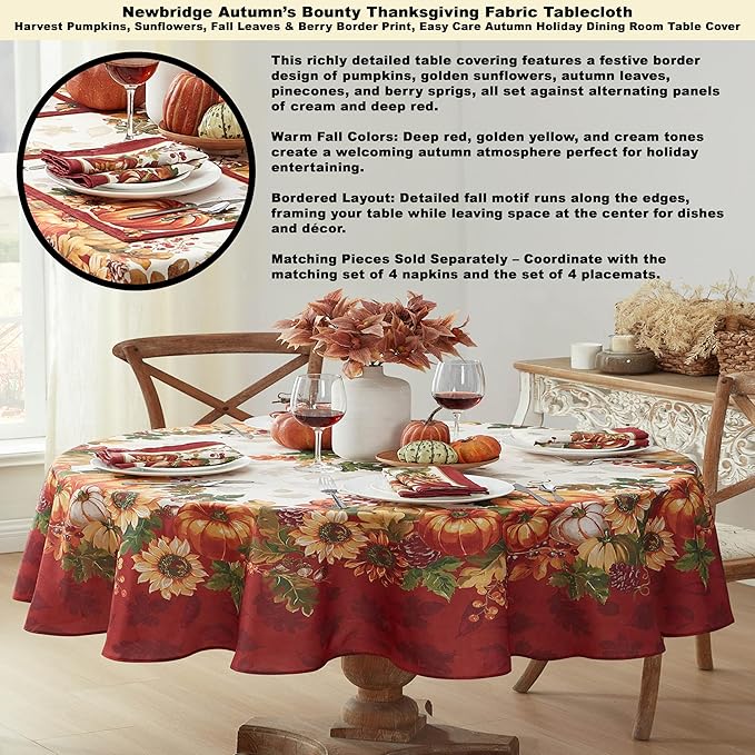 Newbridge Thanksgiving Autumn's Bounty Bordered Fabric Placemats, Bountiful Farm Pumpkin Fall Harvest Multicolor Easy Care for Holiday Party, Set of 4 Place Mats