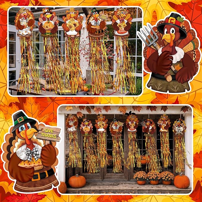 8 Pcs Fall Thanksgiving Turkey Outdoor Hanging Decorations with Tassels Harvest Yard Decoration Windsocks for Outside 3.3ft Signs for Wall Tree Home Lawn Yard Party Supplies Garden Decor