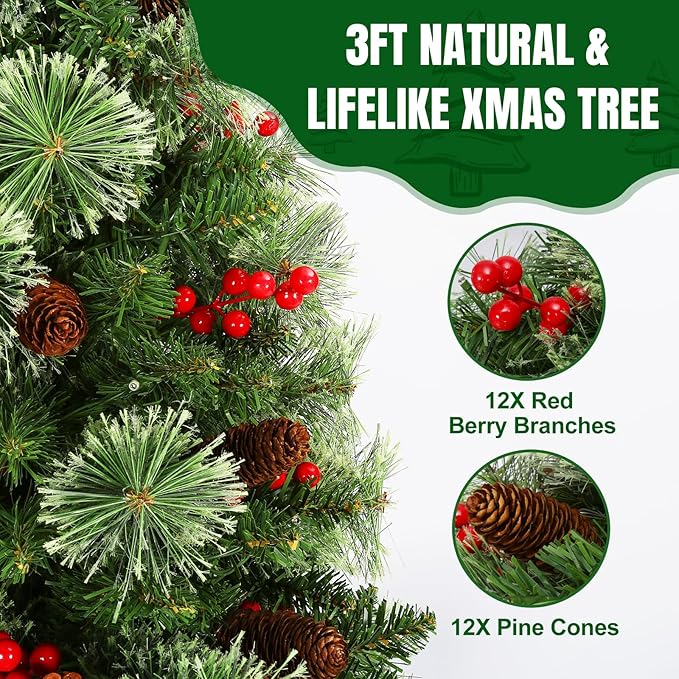 Joyhalo 3FT Christmas Tree Table Top, Small Pre Lit Christmas Tree, Artificial Xmas Tree with 135 Branches 70 Lights Battery Powered for Apartment Office Holiday Party Decor