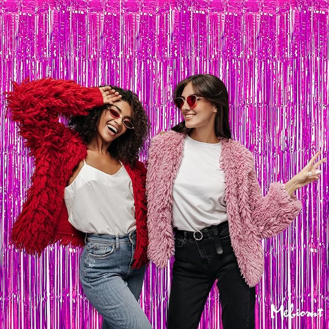 4 Pack Fuchsia Fringe Curtain Backdrop, 3.2Ft x 9.8Ft Metallic Tinsel Foil Fringe Streamers Background for Photo Booth Birthday Wedding Baby Shower Carnival Easter Mother’s Day Party Decorations