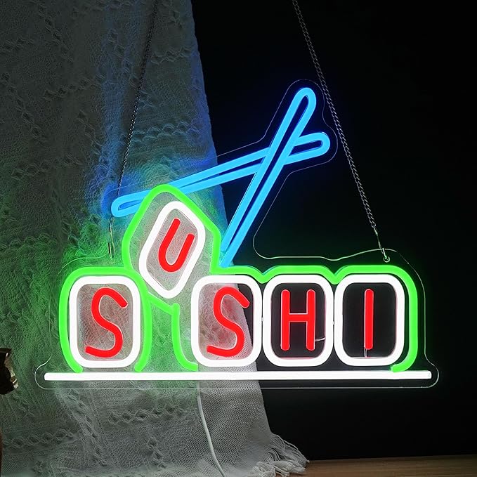 Sushi Neon Sign for Business Decor Delicious Sushi Neon Light Dimmable Japanese Food Light Up Sign for Restaurant Food Shop Storefront Window Store Kitchen (16.5 * 12.5 In)