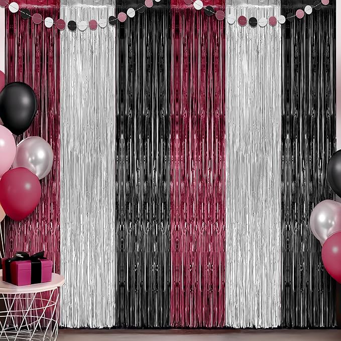 KatchOn, Burgundy Black and Silver Foil Fringe Curtains – Pack of 6 | Tinsel Backdrop for Bridal Shower, Bachelorette Party Decorations | Streamer Backdrop for Christmas, Halloween Decorations Indoor