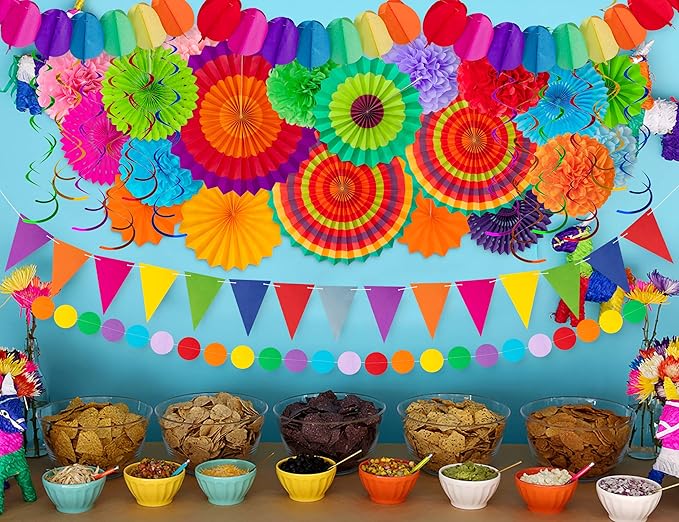 35PCS Fiesta Paper Fan Party Decorations Set - Cinco De Mayo Pom Poms,Pennant,Garland String,Banner,Hanging Swirls Hispanic Heritage Month Decor Supplies,Multicolored