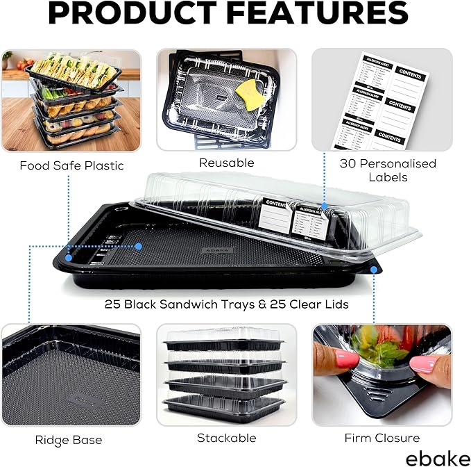 25 Pack Catering Trays with Lids – 13" Serving Tray with Lid, Heavy Duty Recyclable Plastic Party Platters for Catering, Buffet, Picnics & Events – Food Trays with Clear Lid (13.39 × 9.84 × 2.95 inch)