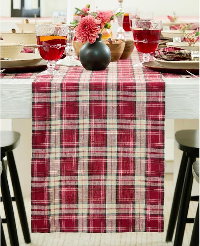 Solino Home Linen Table Runner 108 Inches Long - 100% Pure Linen Burgundy Tartan Plaid Table Runner 14 x 108 Inch for Dining, Fall, Christmas, Xmas