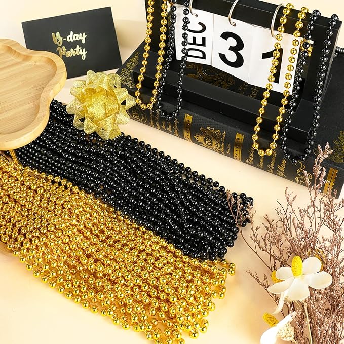24 PCS New Year Eve Necklaces, Gold Black New Year Necklaces, 33 Inch 7 mm Round Happy New Year Necklace Accessories, 2025 New Year Party Beads for New Year's Day, Christmas, Carnival Party Favors