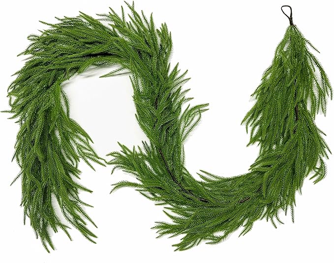 Senjie Christmas Garland Norfolk Pine Garland Real Touch Artificial Greenery Garland for Mantle Fireplace Table Indoor Outdoor Holiday Decortions 5FT 2PCS