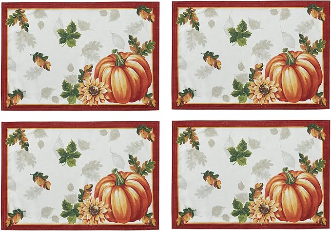 Newbridge Thanksgiving Autumn's Bounty Bordered Fabric Placemats, Bountiful Farm Pumpkin Fall Harvest Multicolor Easy Care for Holiday Party, Set of 4 Place Mats