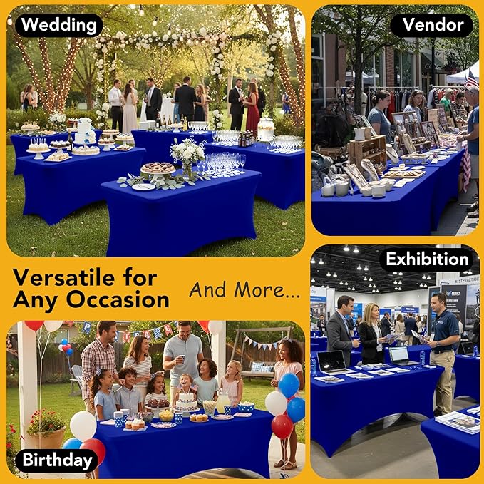 6-Pack Premium Royal Blue Spandex Tablecloths for 6ft Rectangle Tables, Stain & Wrinkle-Resistant, Washable Stretch Polyester Fitted Table Cover for Weddings, Banquets, Events, Parties