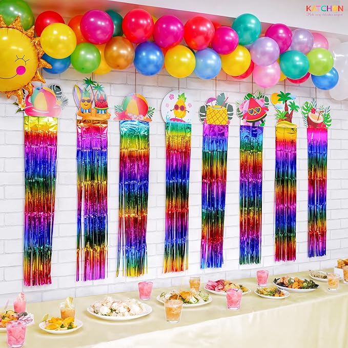 KatchOn, Colorful Tropical Fringe Hanging Decorations - Pack of 8 | Rainbow Streamers for Luau, Hawaiian, Topical Party Decorations | Summer Photo Booth Backdrop for Pool, Summer Party Decoration