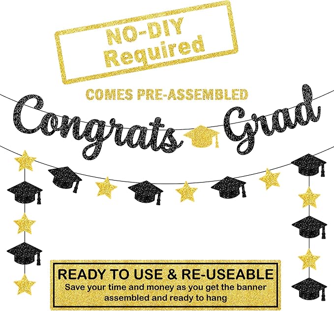 KatchOn, Glitter Black and Gold Congrats Grad Banner - 10 Feet | Black and Gold Graduation Banner, Cap Garland for Graduation Decorations 2025 | 2025 Grad Party Decorations