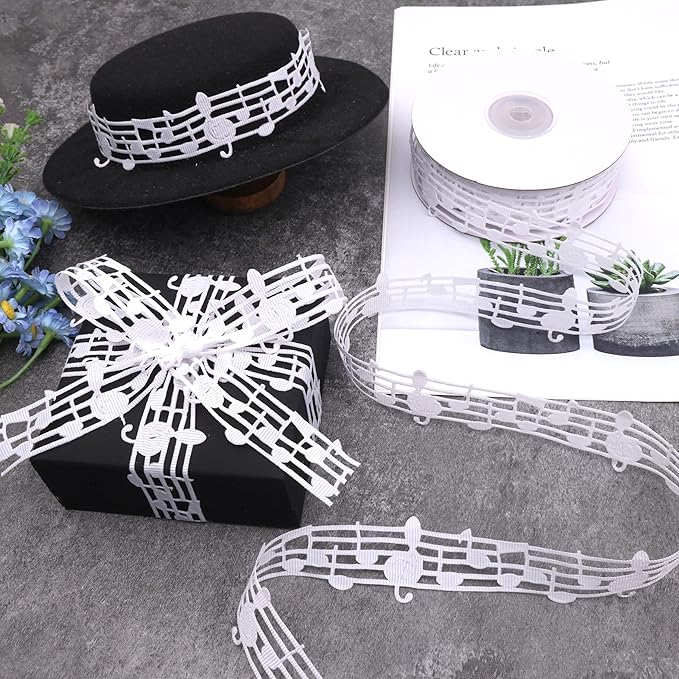White Music Note Ribbon Grosgrain Ribbon Notation Craft Music Accessories Trim for Homecoming Mum Supplies Christmas (20 Yards/Roll)