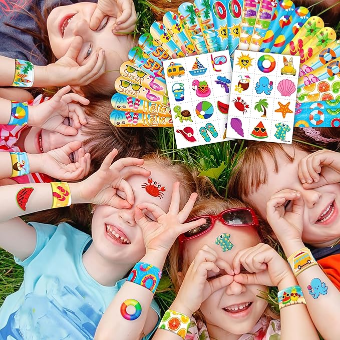 48PCS Beach Party Favors – 24PCS Temporary Pre - cut Tattoos & 24PCS Slap Bracelets – Summer & Ocean-Themed Birthday Supplies, Baby Shower Gifts, Classroom Rewards & Party Decor for Kids