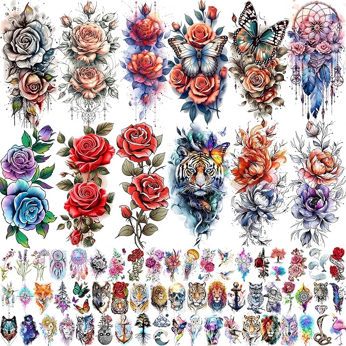 69 Sheets Watercolor 3D Rose Flowers Temporary Tattoos For Women Girls Adults, Realistic Peony Florals Fake Tattoo Stickers Dreamcatcher, Colorful Bulk Half Arm Sleeve Tattoo Butterfly Tiger