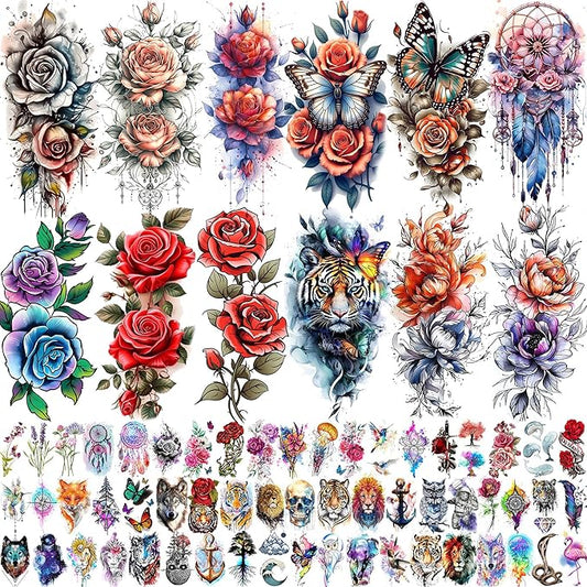 69 Sheets Watercolor 3D Rose Flowers Temporary Tattoos For Women Girls Adults, Realistic Peony Florals Fake Tattoo Stickers Dreamcatcher, Colorful Bulk Half Arm Sleeve Tattoo Butterfly Tiger
