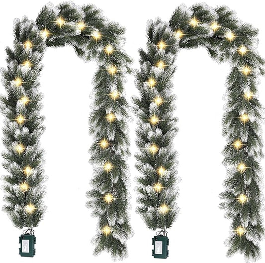 2 Pack Pre Lit Snow Flocked Christmas Garland 5.9 ft Artificial Christmas Garland with Warm White LED Light and Timer Frosted Faux Pine Winter Garland for Home Indoor Outdoor Mantel Seasonal Decor
