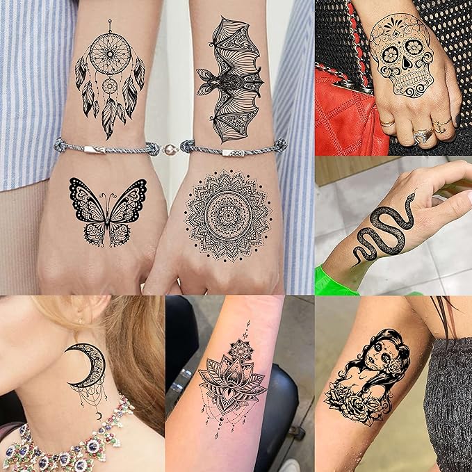 64 Sheets Tribal Vintage Black Lotus Temporary Tattoos for Women Girls, Bohemia Mandala Flower Fake Sleeve Tattoos for Adults Owl Moon
