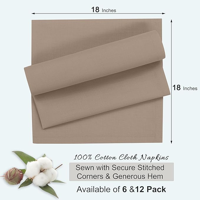 Ruvanti Cloth Napkins Set of 12, 18x18 Inches, 100% Cotton, Washable, Soft & Absorbent, Perfect for Wedding, Christmas, ‎Thanksgiving Dinners - Light Taupe
