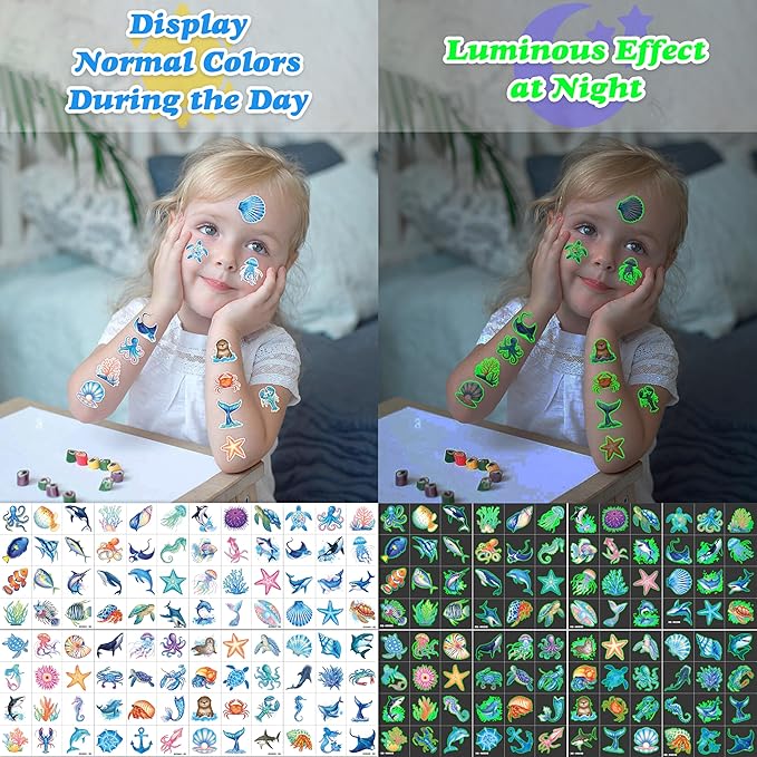 96 PCS Ocean Sea Animal Shark Whale Fish Pre-Cut Luminous Glow in the dark Temporary Tattoos for Kids | Super Cute Themed Birthday Party Favors Supplies Decorations, Fake Tattoos Gifts for Boys Girls