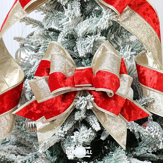 Red Velvet Wired Christmas Ribbon 4 Inch Extra Wide Thick Red and Gold Glitter Holiday Ribbon – 10-Yards Roll for Tree Decorations, Gift Wrapping, Wreaths, and DIY Crafts