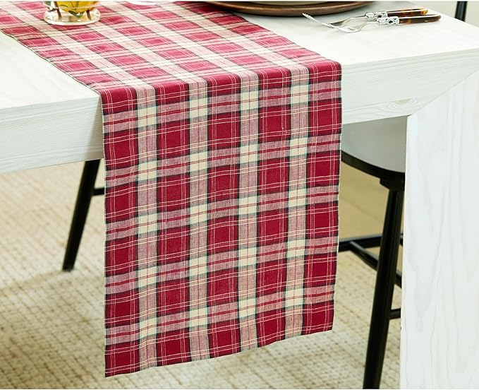 Solino Home Linen Table Runner 36 Inches - 100% Pure Linen Burgundy Tartan Plaid Short Table Runner 14 x 36 Inch Ideal for Dresser and Coffee Tables - Christmas, Xmas