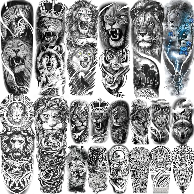 20 Sheets Cool Lion Full Arm Temporary Tattoos For Men Adults Thigh, Wolf Tiger Warrior Maori Totem Fake Sleeve Tattoos For Women, 3D Bulk Black Tribal Clock Halloween Tattoo Stickers
