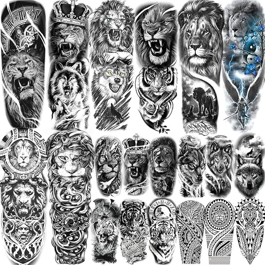 20 Sheets Cool Lion Full Arm Temporary Tattoos For Men Adults Thigh, Wolf Tiger Warrior Maori Totem Fake Sleeve Tattoos For Women, 3D Bulk Black Tribal Clock Halloween Tattoo Stickers